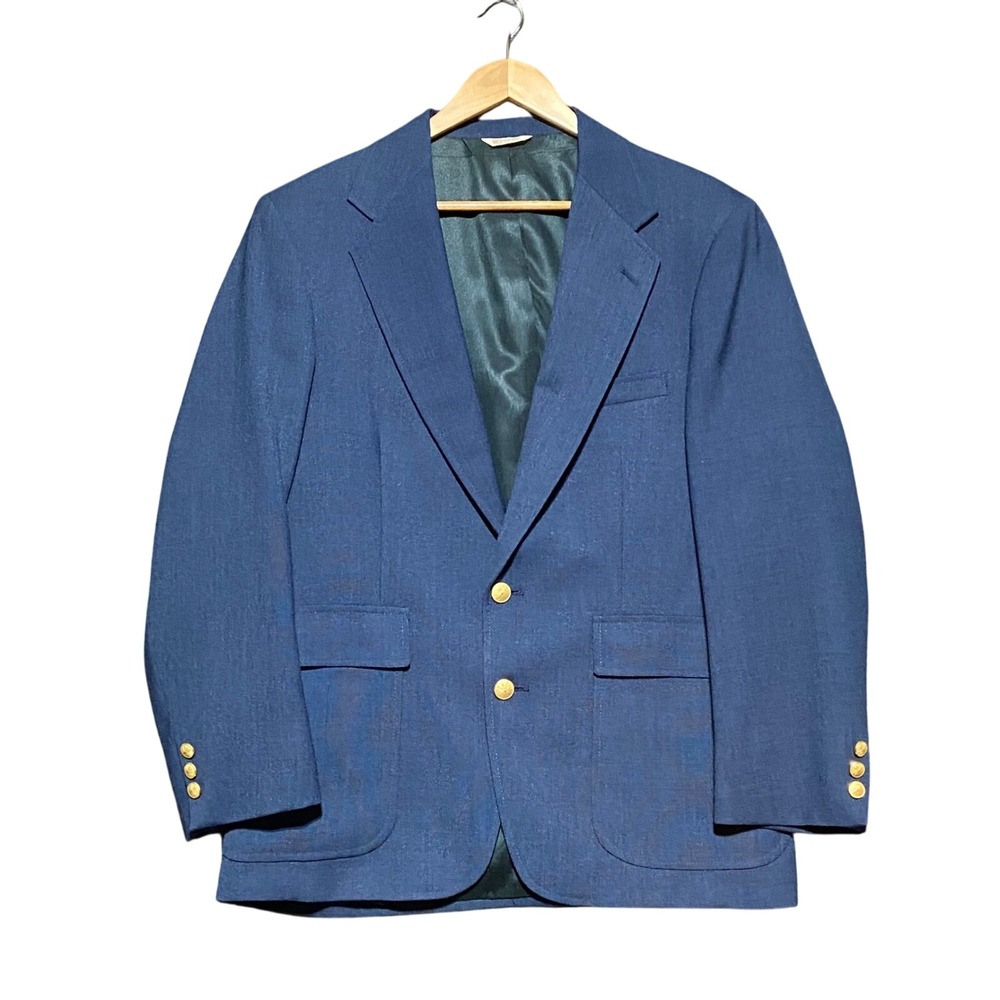 Mikael York Collection Mens Blue Hopsack Blazer Gold Crest Buttons 42S USA Made